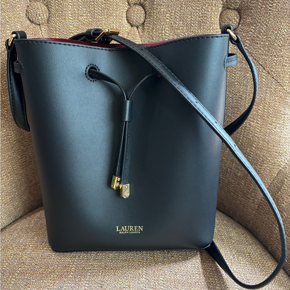 Ralph Lauren Black Derby Leather Bucket Crossbody with Gold Hardware